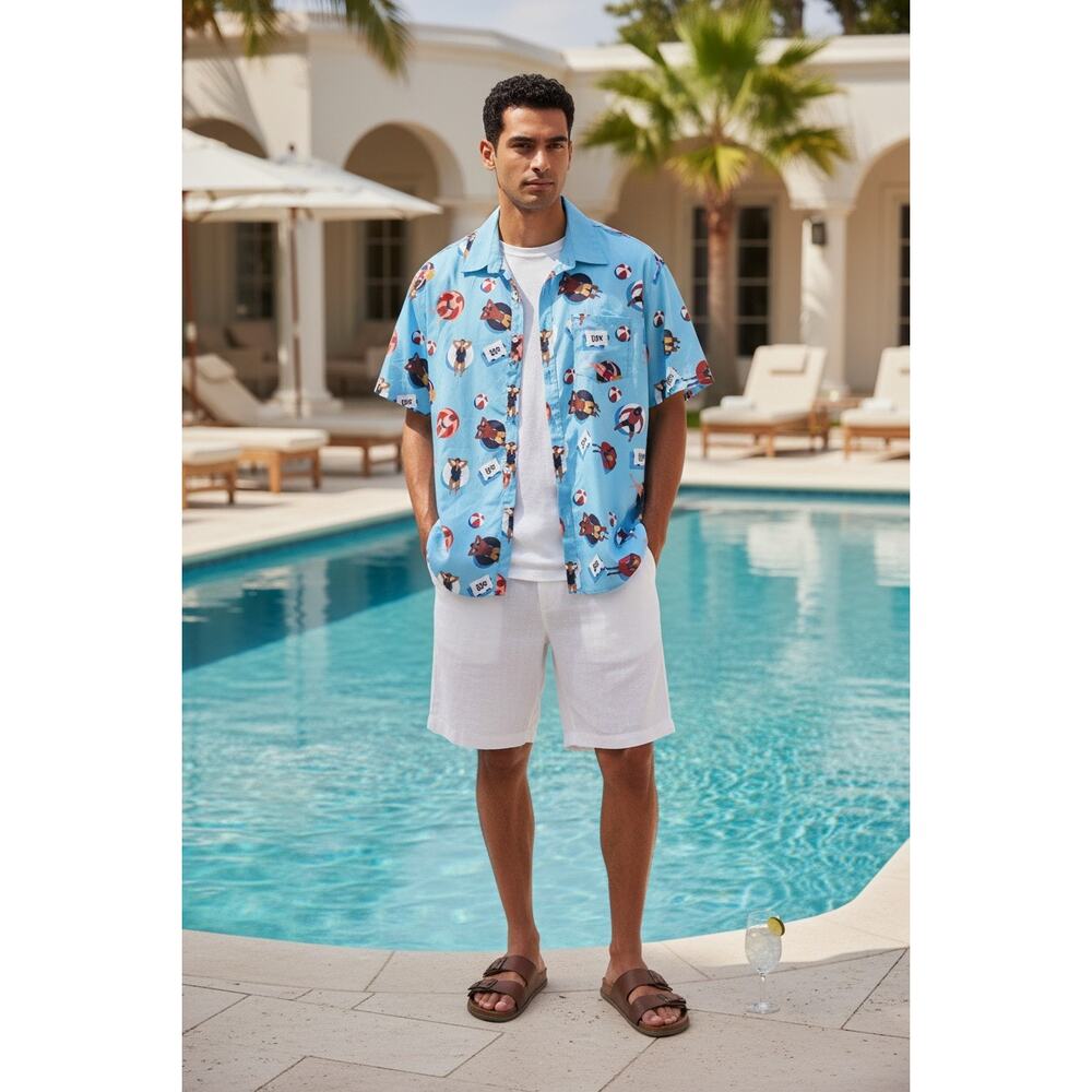 Miller Lite Beer Mens Pool Party Short Sleeve Button Front Shirt Large Blue